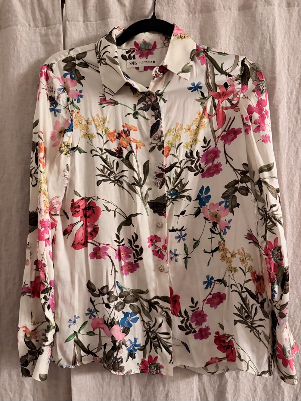 Zara Cream/Floral Satin Button-Up Blouse